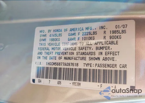 2007 Honda Accord 2.4 Ex из США, поврежденный, VIN 1HGCM56877A097618